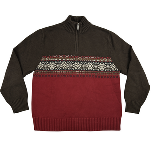 Eddie Bauer Sweater Mens Large 1/4 Zip Knit Fair Isle Pullover Brown Red